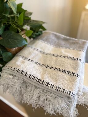 Neutral Fringe Throw Blanket- Soft Cream and Black